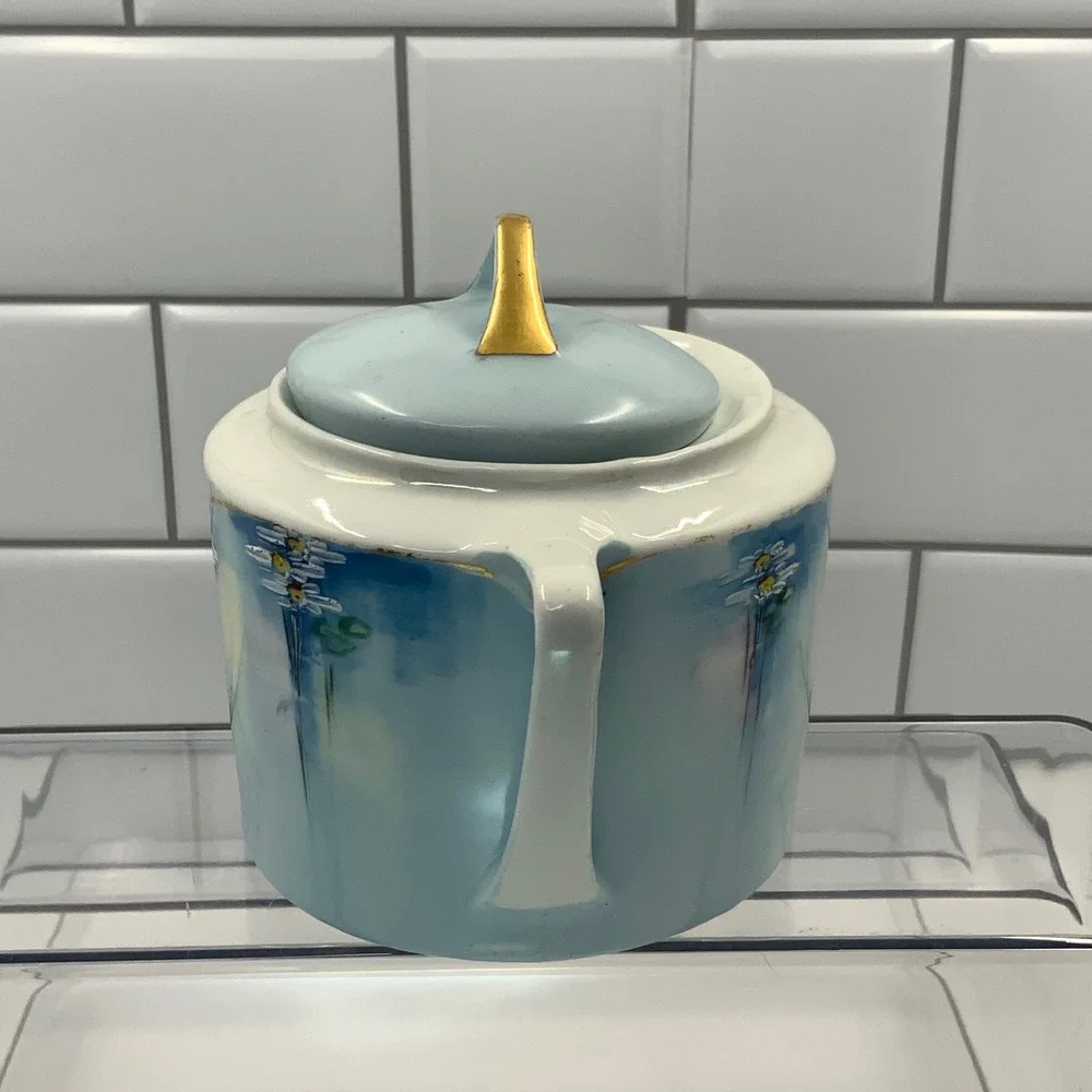 Vintage Bavaria Sugar Bowl Hand Painted Floral Porcelain Blue White